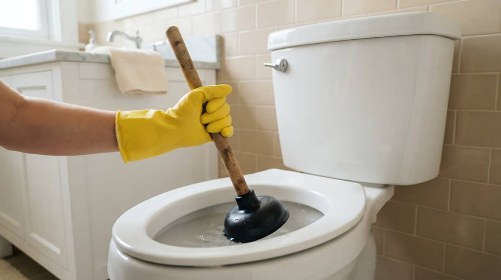 Gloved hand using a plunger in a toilet.