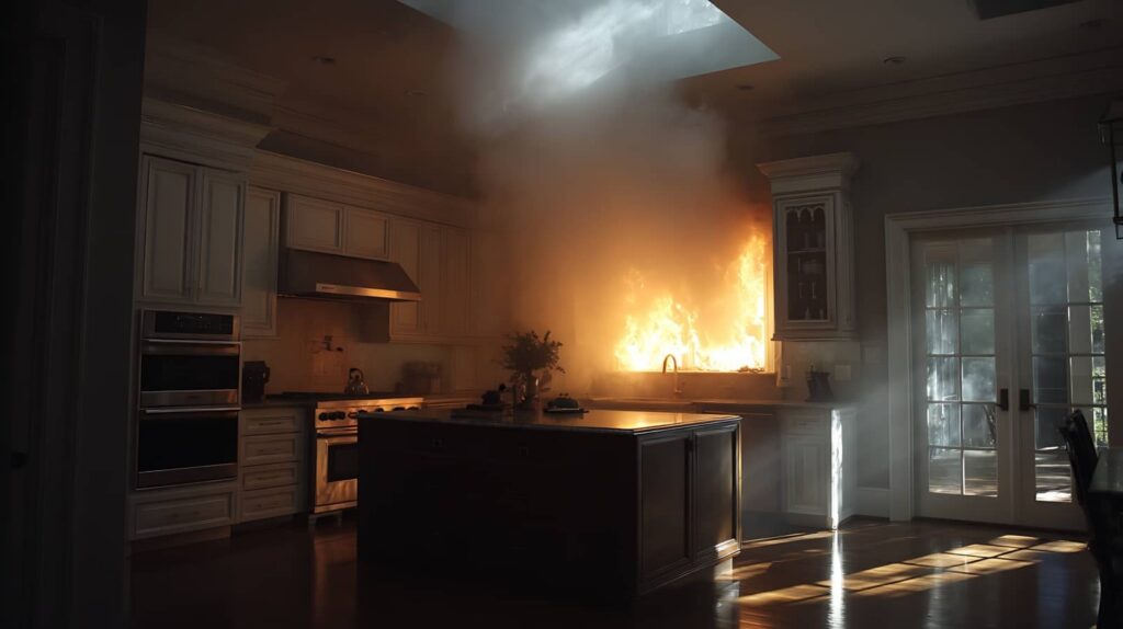 Kitchen fire blazing at the sink under a skylight.