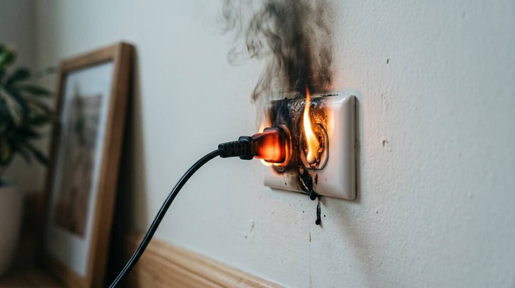 Electrical outlet on fire with a plugged-in cord.