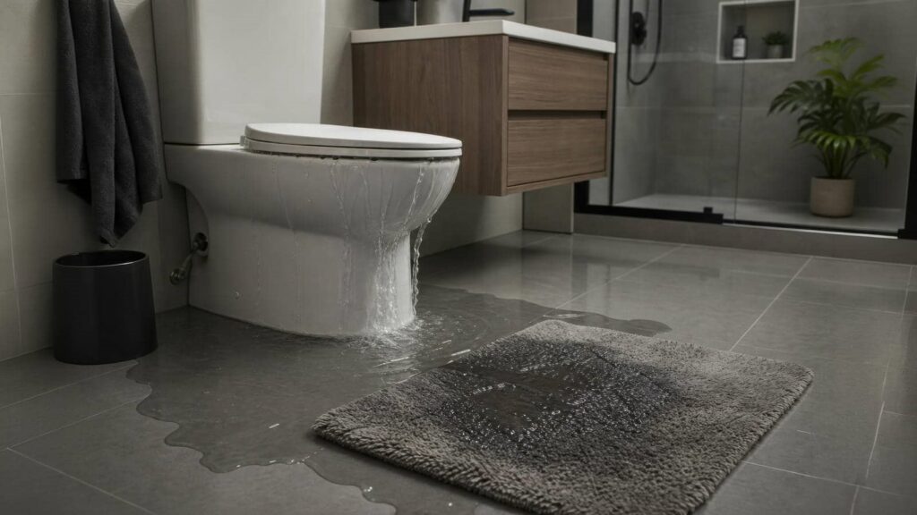 Toilet overflowing with water flooding the bathroom floor and soaking a gray bath mat.