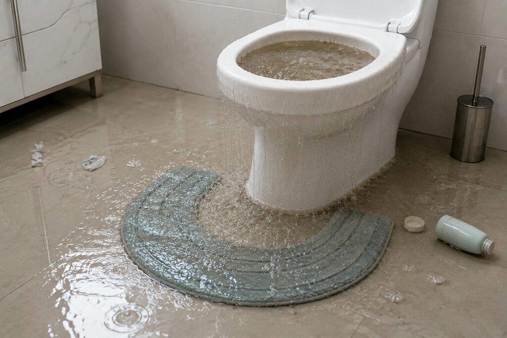 Toilet overflowing with water flooding the bathroom floor and soaking a bath mat.