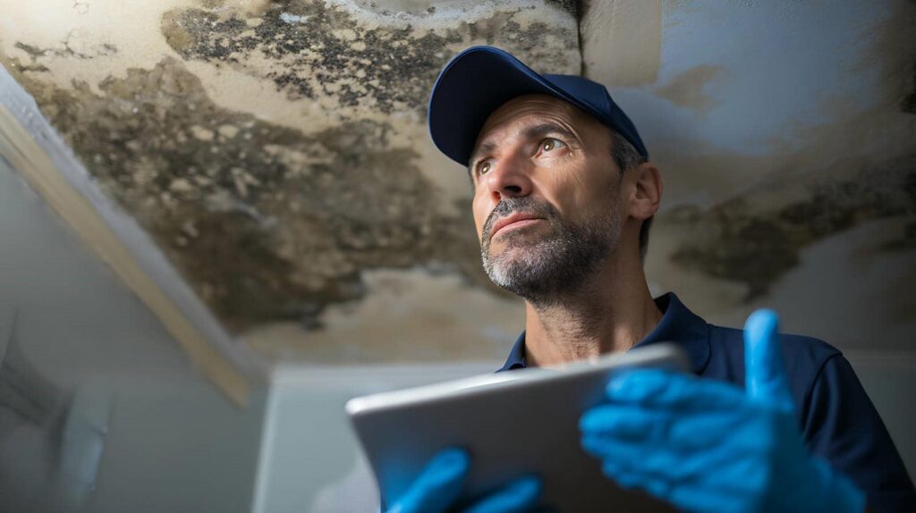 Man in blue gloves inspecting mold damage on a ceiling while holding a tablet.
