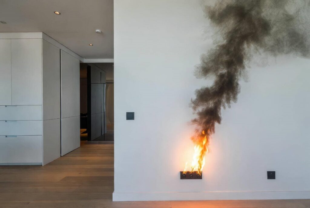 Electrical outlet on a white wall on fire with thick black smoke rising in a modern room.
