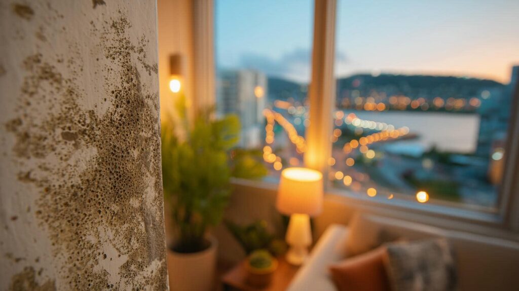 Close-up of mold growing on an indoor wall near a window with a blurred cityscape outside.