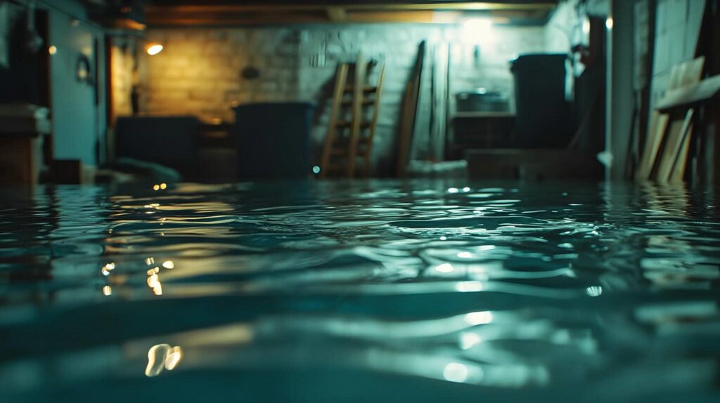Flooded basement with water covering the floor and furniture partially submerged.