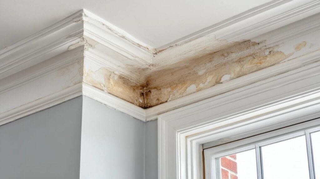 Water damage and mold on white crown molding near a window corner.