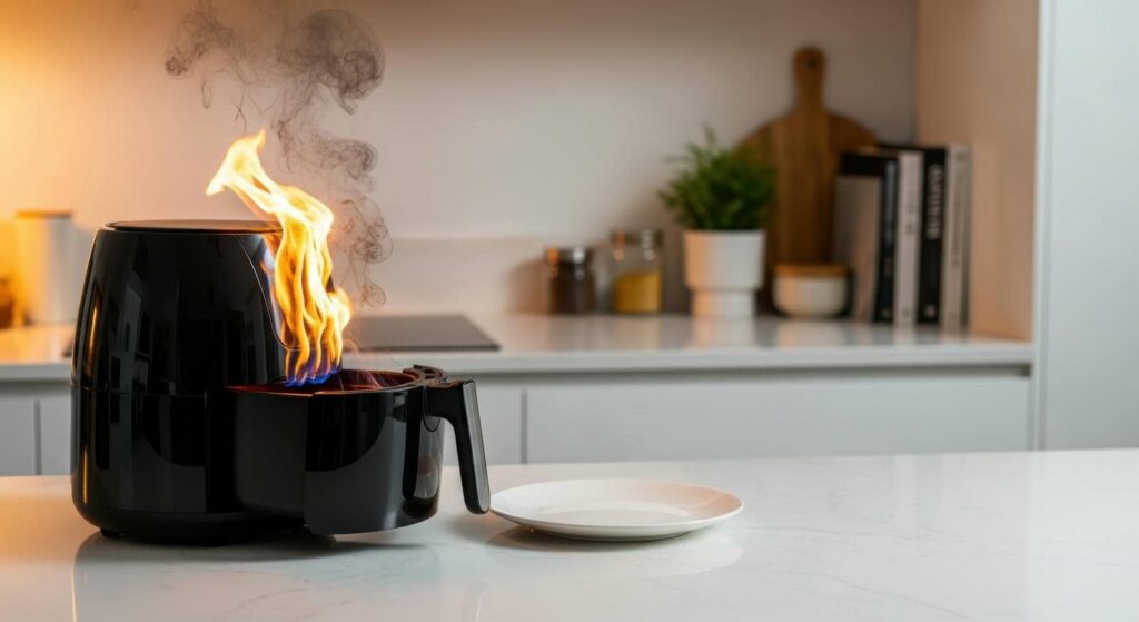 Air fryer with flames and smoke coming from the open basket on a kitchen counter.