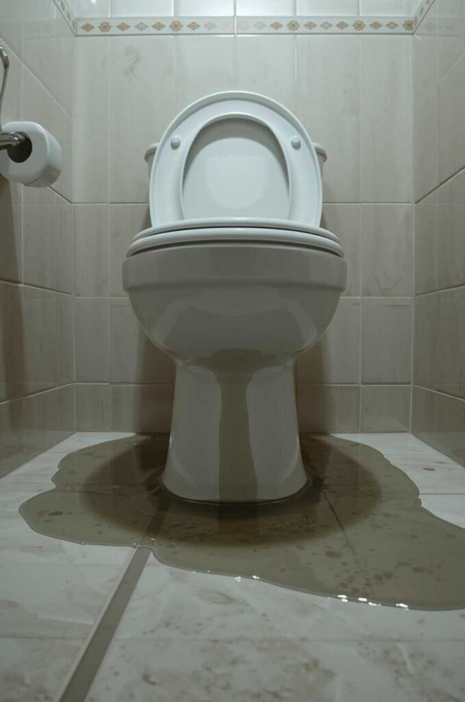 Toilet with water flooding onto the tiled floor around its base.