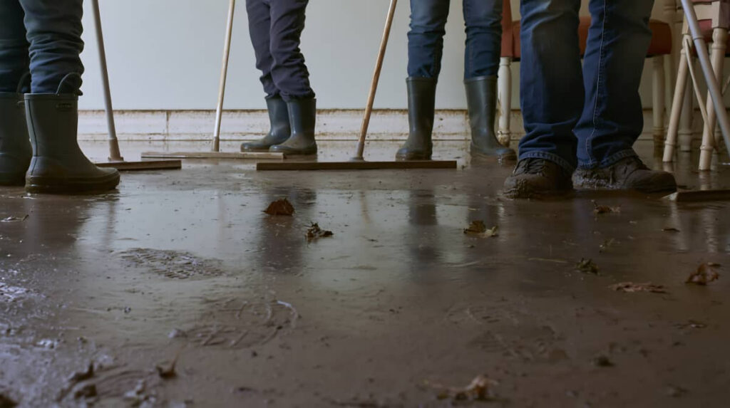 People in rain boots mopping a muddy floor indoors.