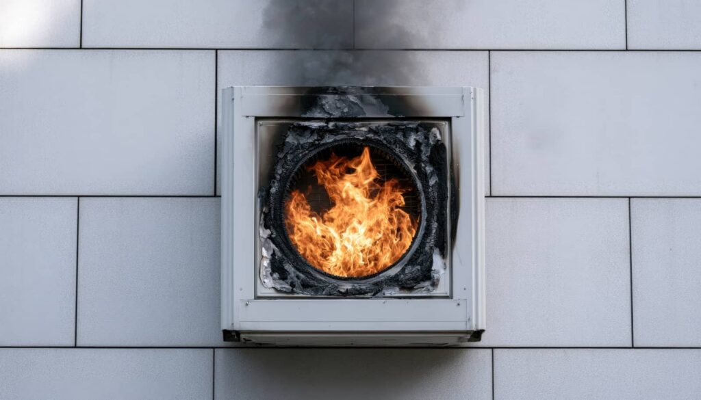 Wall-mounted vent with flames and smoke.