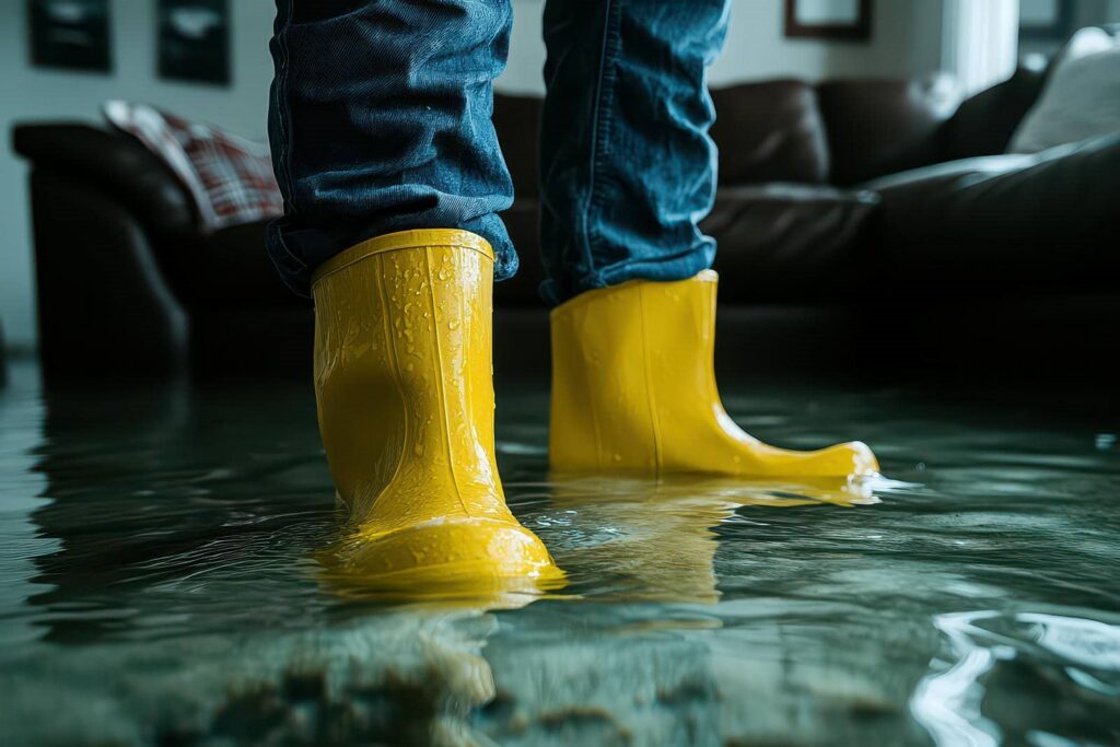 Person wearing yellow rain boots standing in water inside a flooded living room.