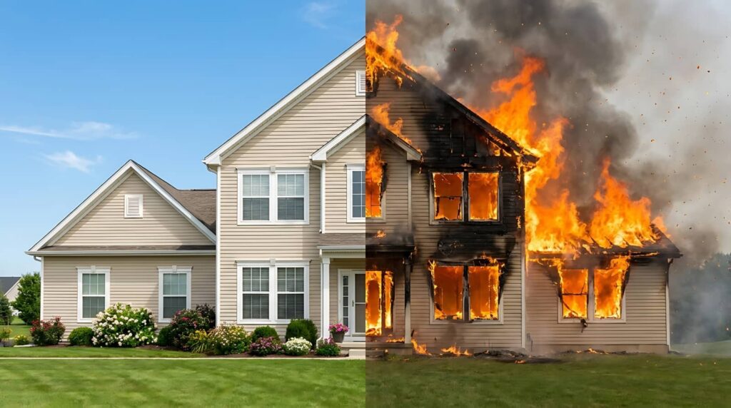 House engulfed in flames with thick smoke.
