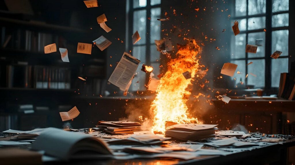Flames engulf a pile of papers on a table as burning sheets fly through the air in a dimly lit room.