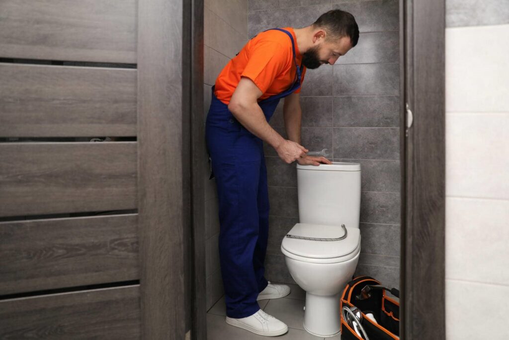 A plumber in blue overalls fixing a toilet with a wrench in a small bathroom.