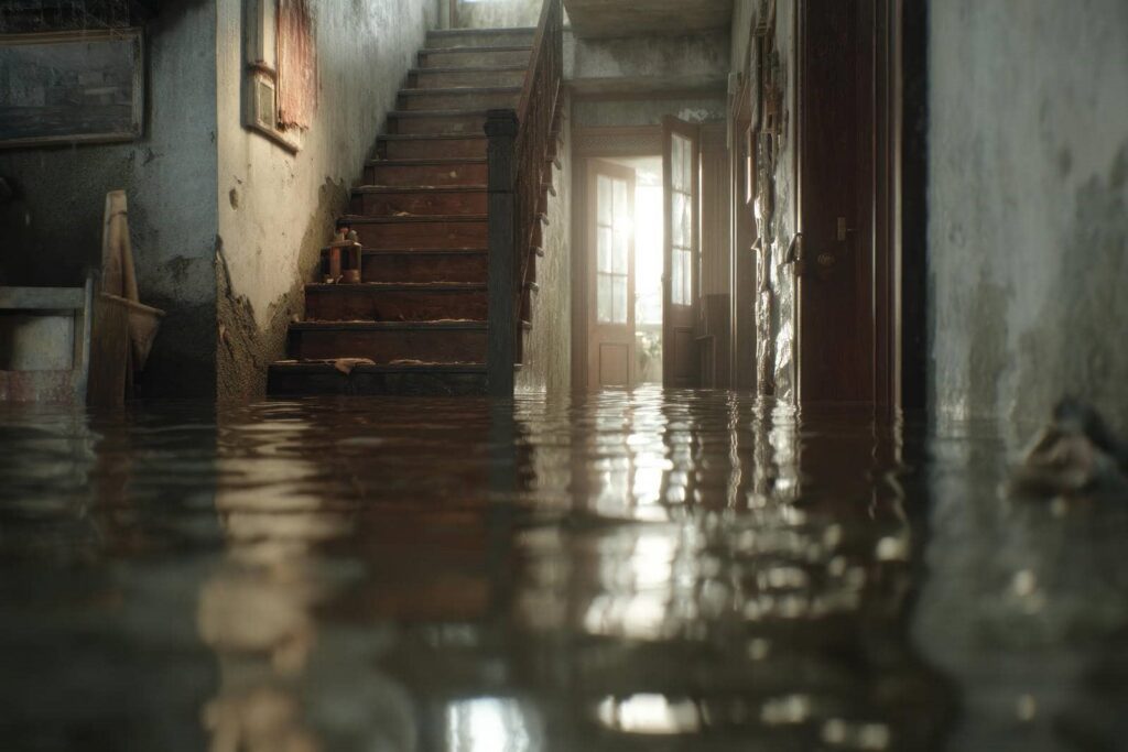 Flooded interior of an old house with water covering the floor and wooden stairs partially submerged.