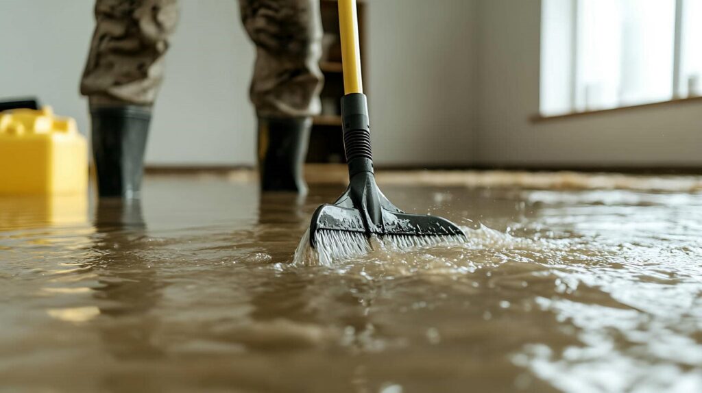 Person using a squeegee to push water on a flooded indoor floor.