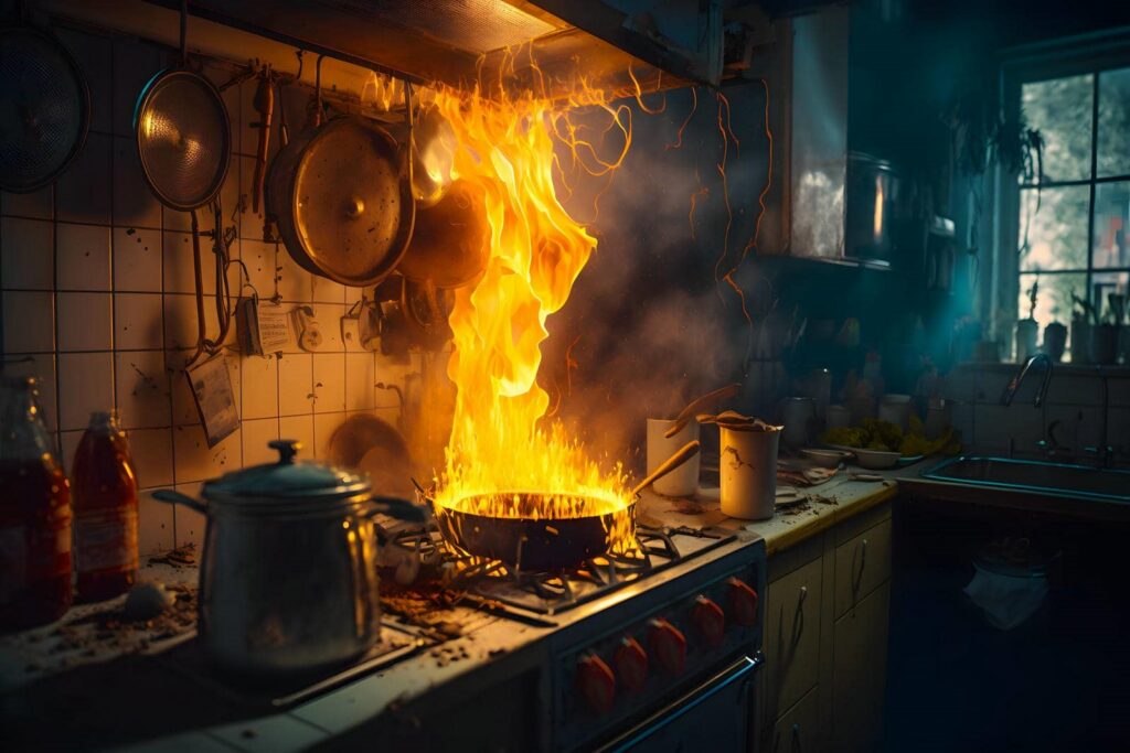 Flames erupt from a frying pan on a stove in a dimly lit kitchen.