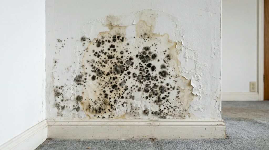 Black mold growing on a white wall above a baseboard in a carpeted room.