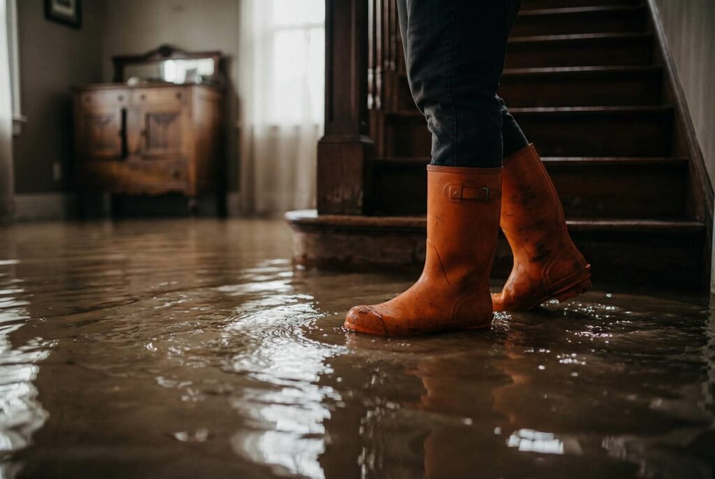 Person wearing orange rain boots standing in a flooded room with water covering the floor.