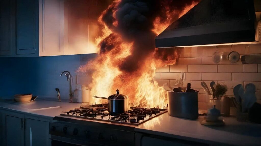 Kitchen stove engulfed in large flames and thick black smoke.
