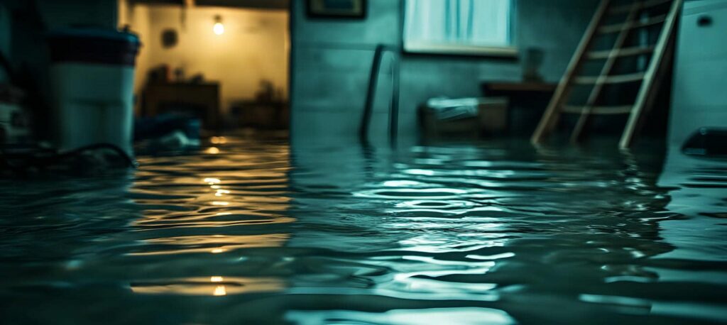 Flooded basement with water reflecting indoor lights and furniture partially submerged.