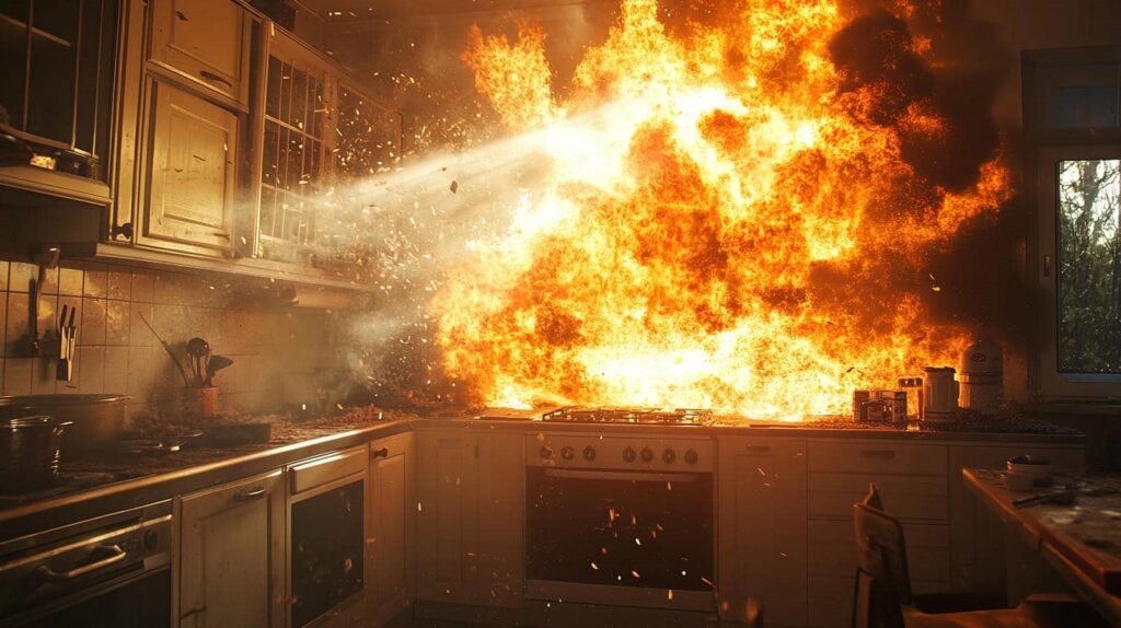 Kitchen stove engulfed in a large fire with flames and smoke spreading across the counter.