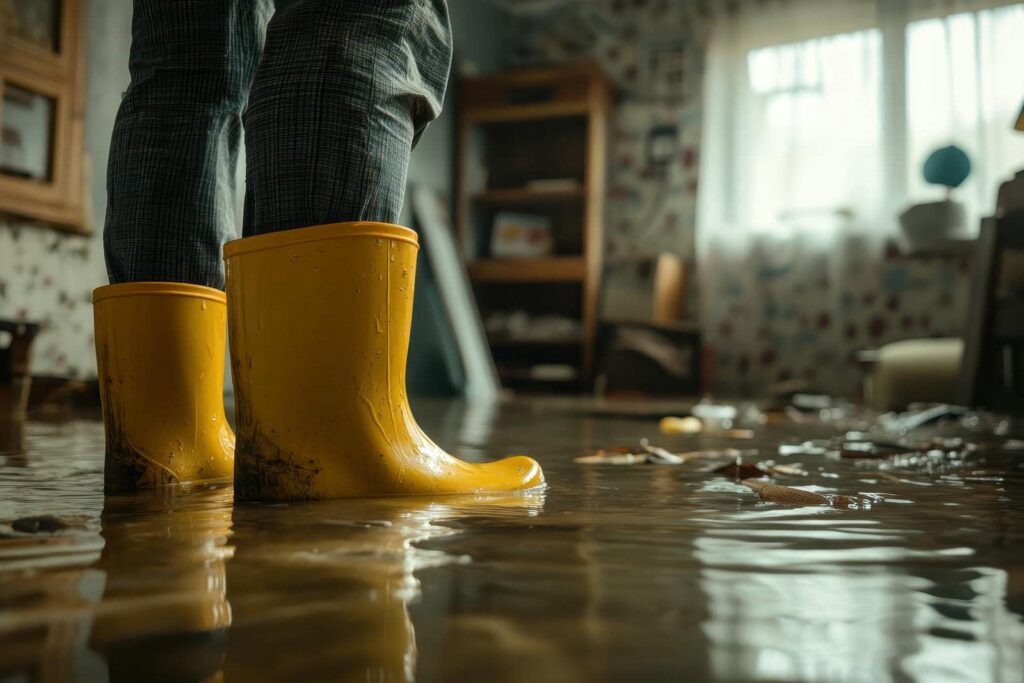Person wearing yellow rain boots standing in a flooded room with water and debris on the floor.