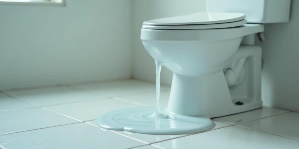 Toilet leaking water onto tiled floor, forming a small puddle.