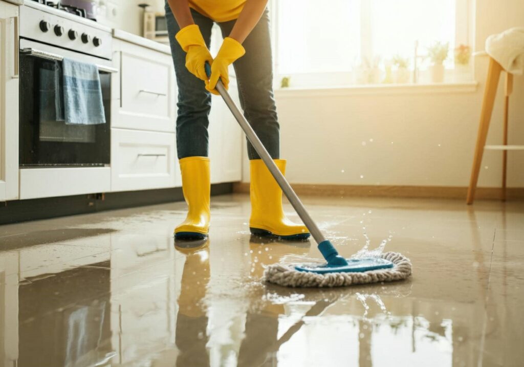 Person wearing yellow gloves and boots mopping a wet kitchen floor.