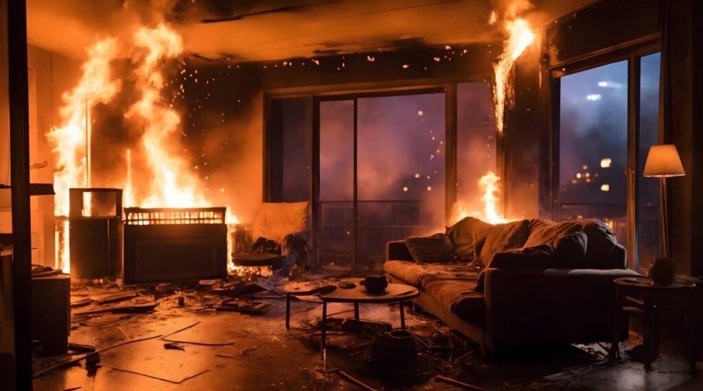 Living room engulfed in flames.