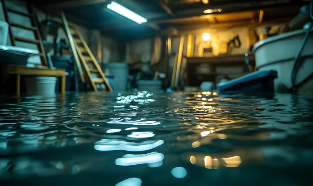 Flooded basement with water covering the floor and household items partially submerged.