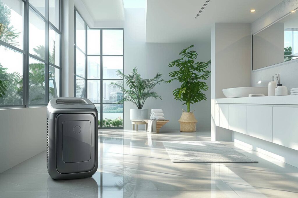 Portable air conditioner in a bright bathroom with large windows, plants, and a white vanity.