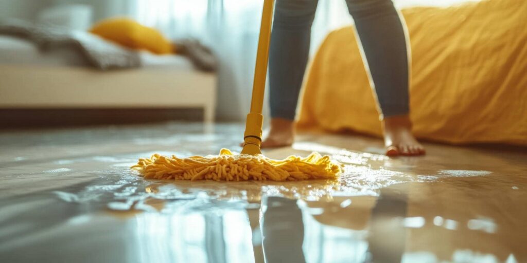 Person mopping a wet floor in a bedroom with a yellow mop head and bare feet visible.