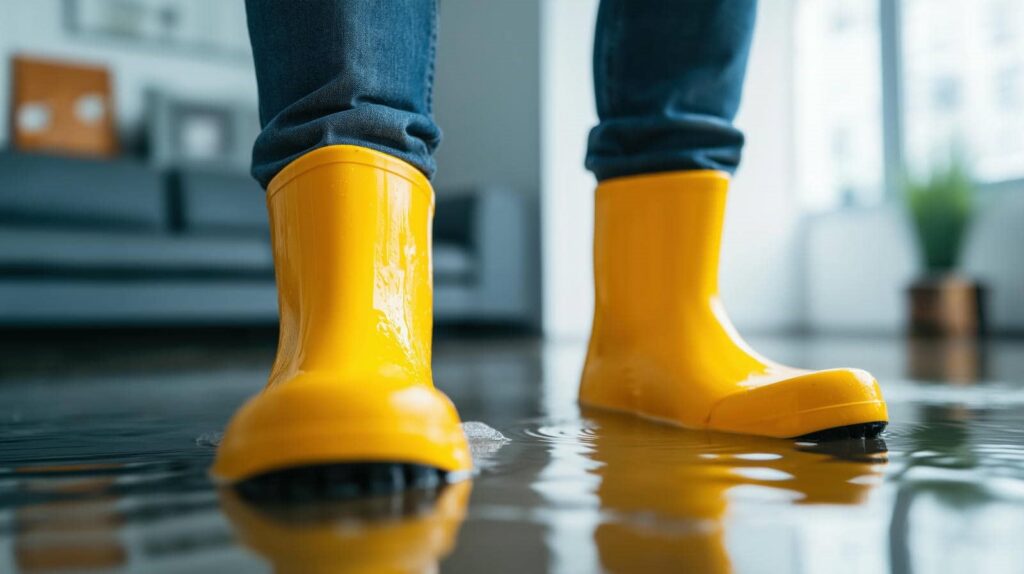 Person wearing yellow rain boots standing in a flooded indoor room.