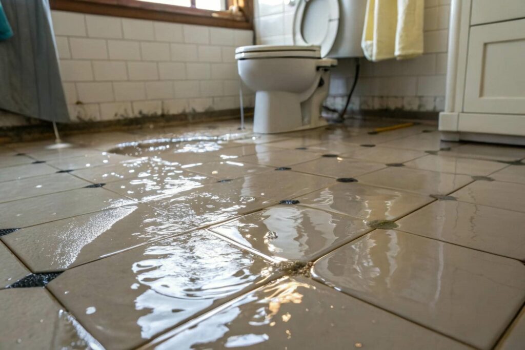 Water leaking from a toilet onto a tiled bathroom floor.
