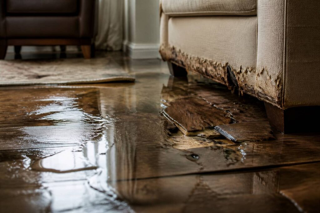 Water-damaged hardwood floor beneath a soaked sofa.