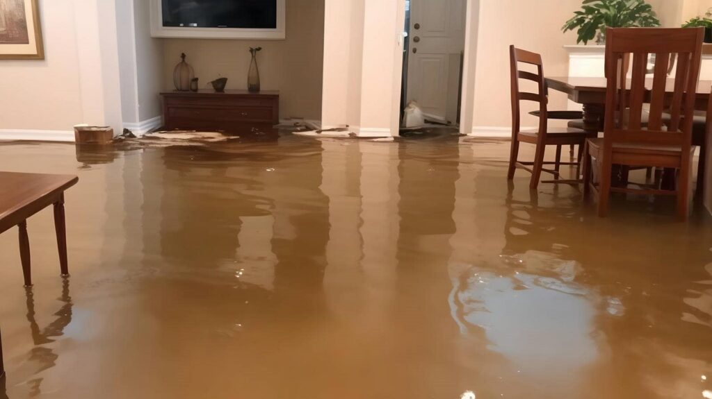 Living room and dining area flooded with murky water covering the floor and partially submerging furniture.