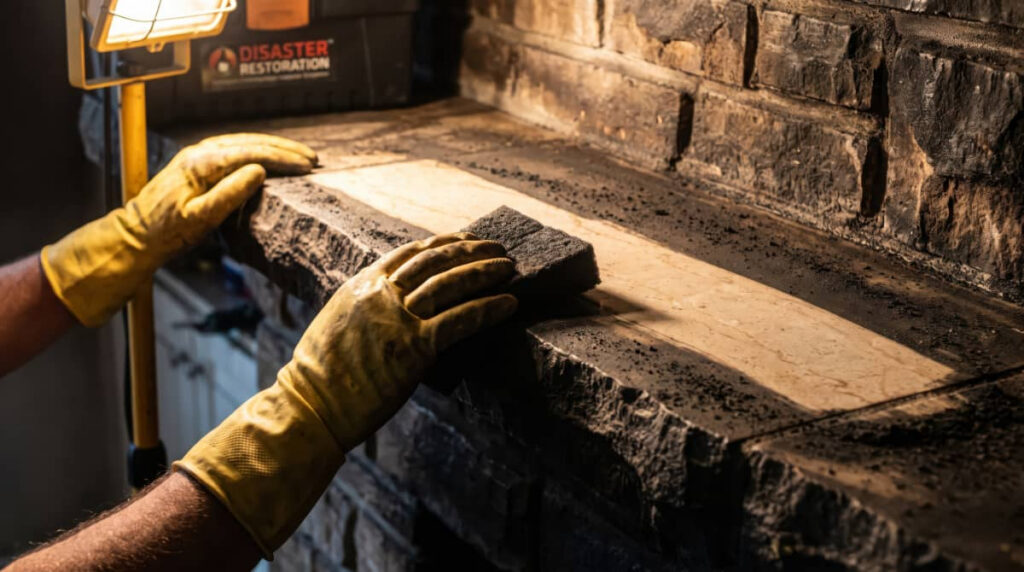 Gloved hands cleaning soot from a stone fireplace mantel.