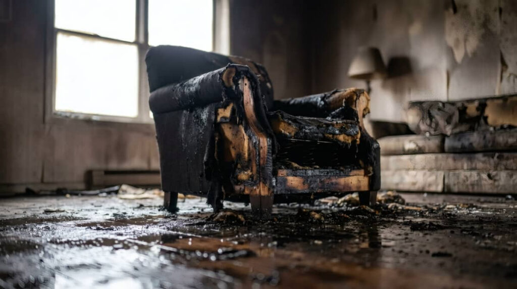Burned armchair in a fire-damaged room.