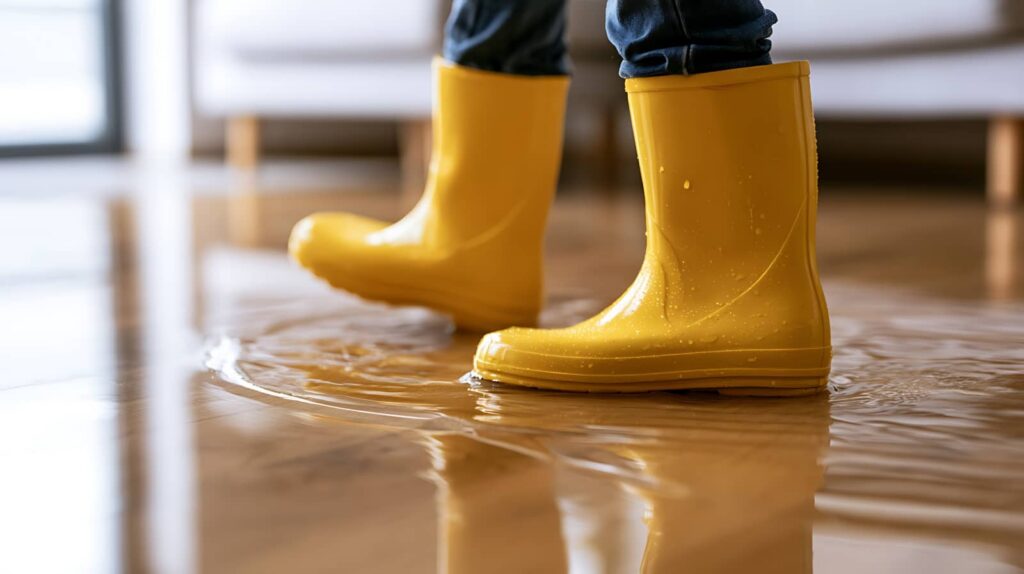 Yellow rain boots standing in shallow indoor floodwater.
