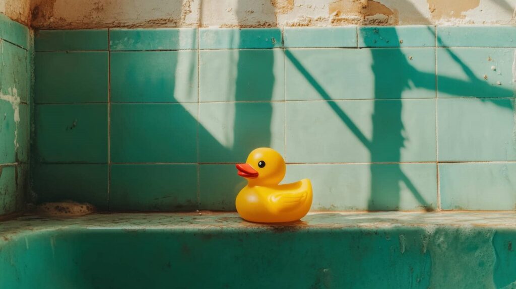 Yellow rubber duck on the edge of a worn turquoise tiled bathtub with mold on the wall.