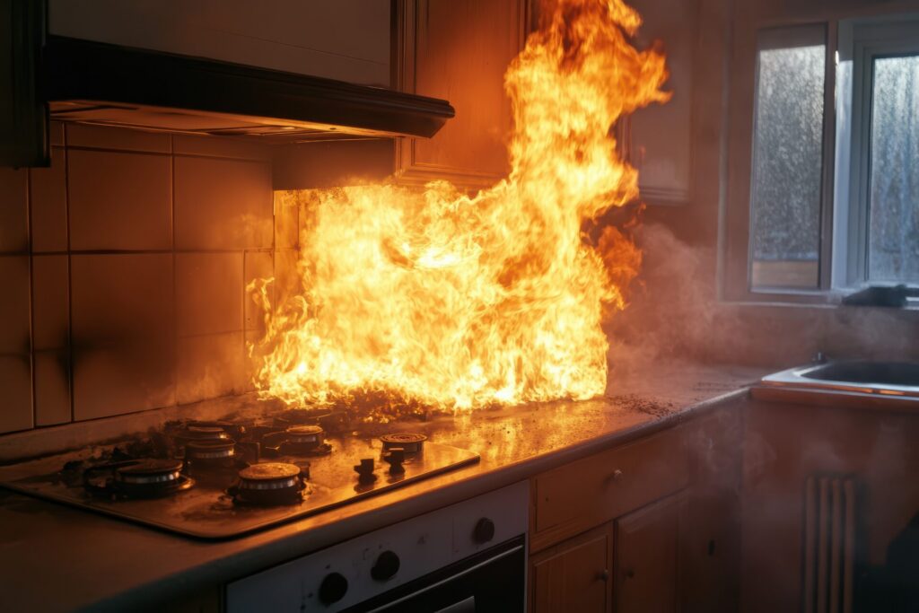 Kitchen stove engulfed in large flames and smoke.