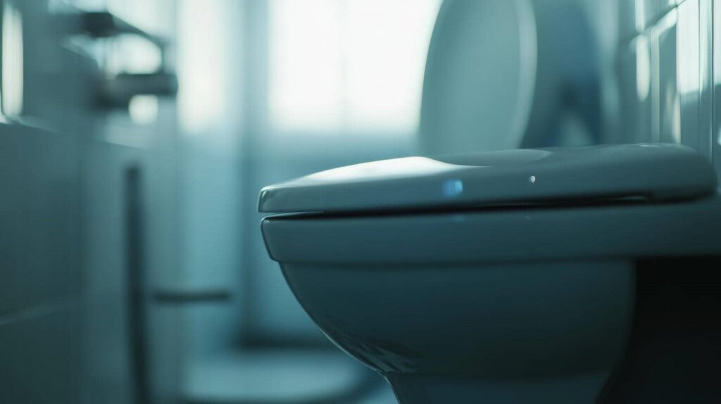 Closed toilet seat in a softly lit bathroom with a blurred background.