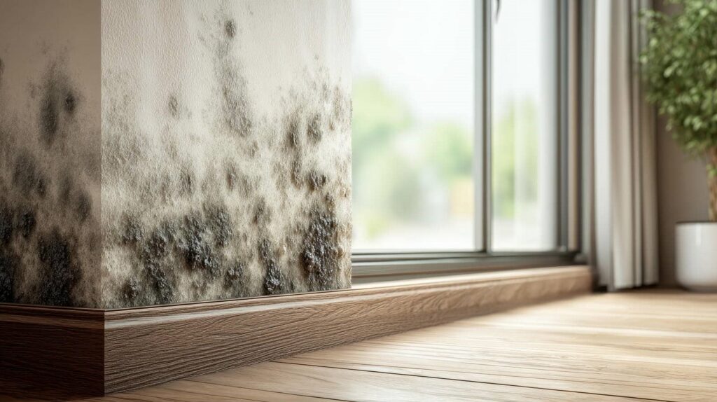 Wall corner with extensive black mold growth near a window and wooden floor.