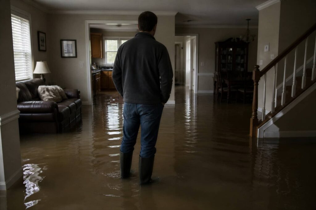 Man standing in a flooded living room.