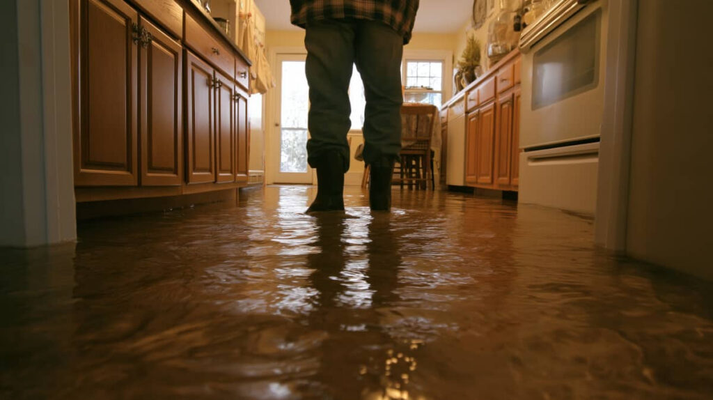 Person standing in a flooded kitchen.