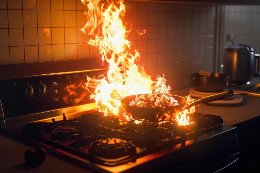 Flames flare up from a frying pan on a gas stove in a kitchen.