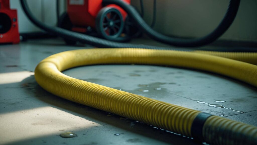 Yellow flexible hose coiled on a wet concrete floor with red equipment in the background.