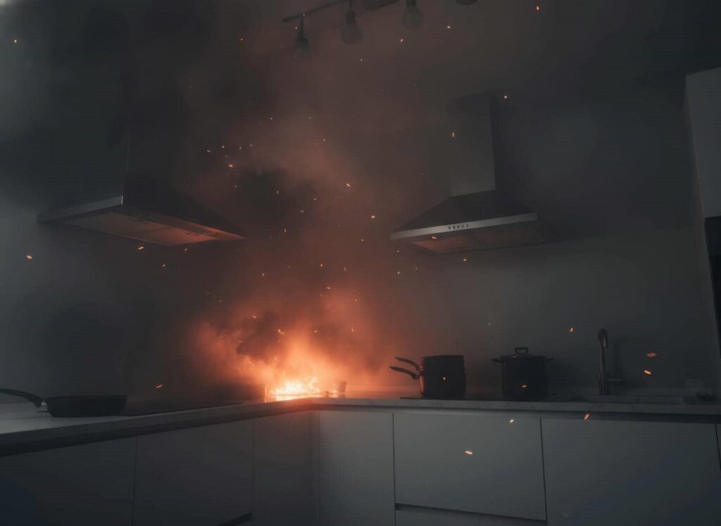 Kitchen stove on fire with smoke and sparks rising around pots and pans.
