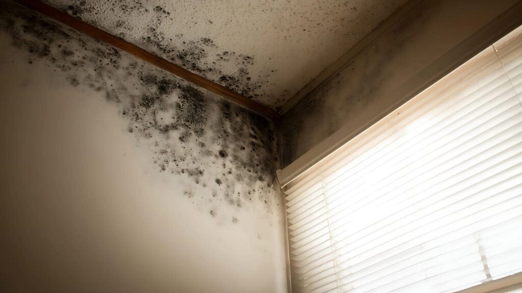 Black mold growth on a ceiling and wall corner near a window with blinds.